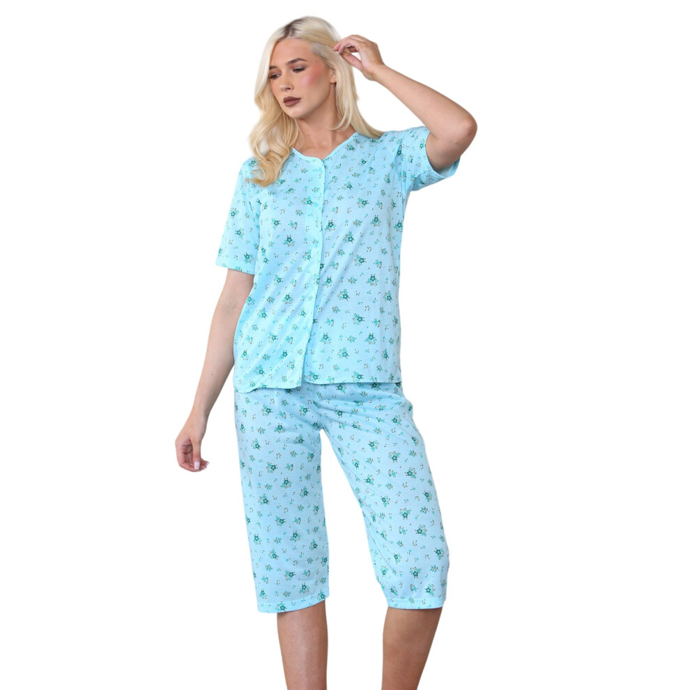 (Green, M) Ladies Capri Pyjama Set Floral Printed V-Neck Buttons Through Cropped PJs