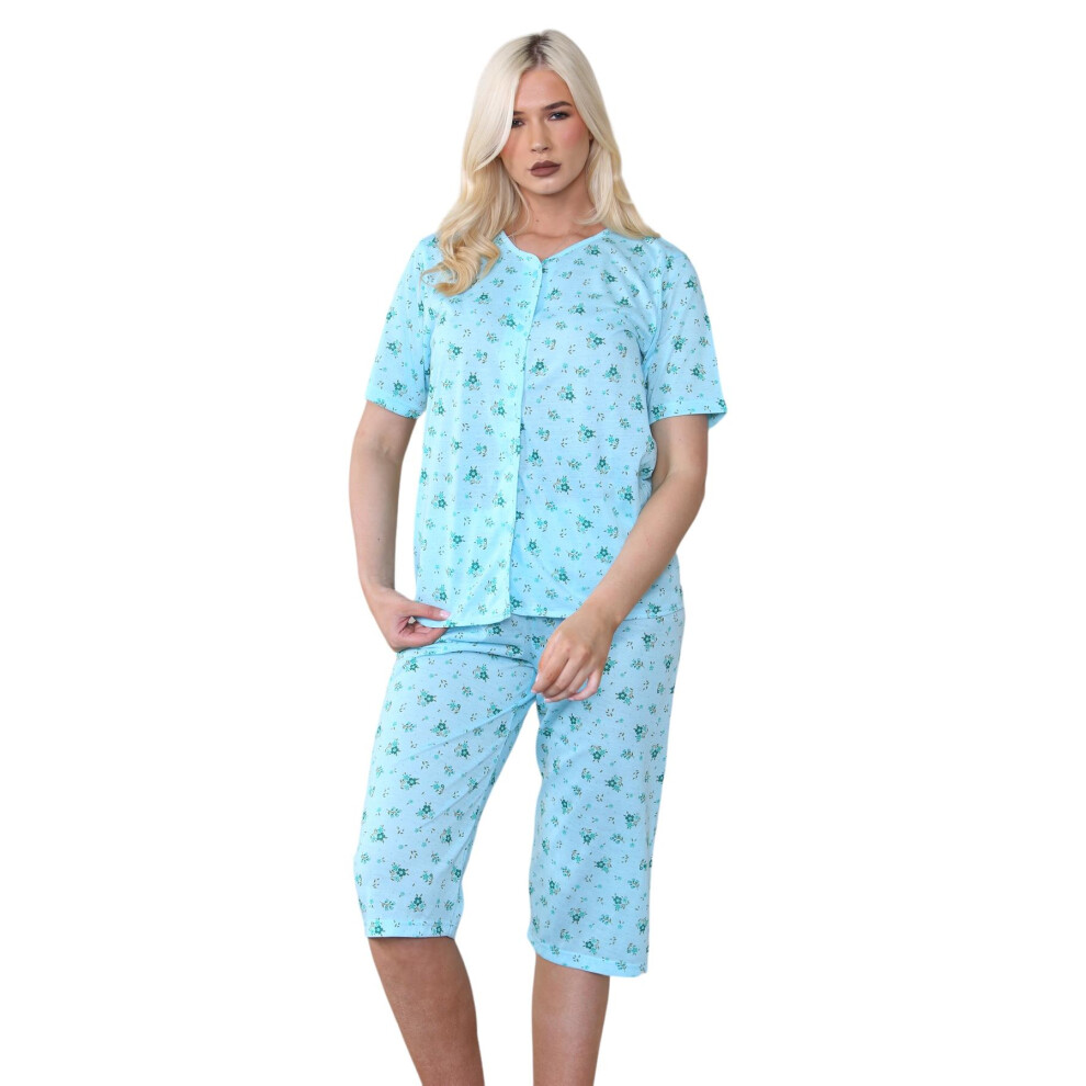 (Green, XXL) Ladies Capri Pyjama Set Floral Printed V-Neck Buttons Through Cropped PJs