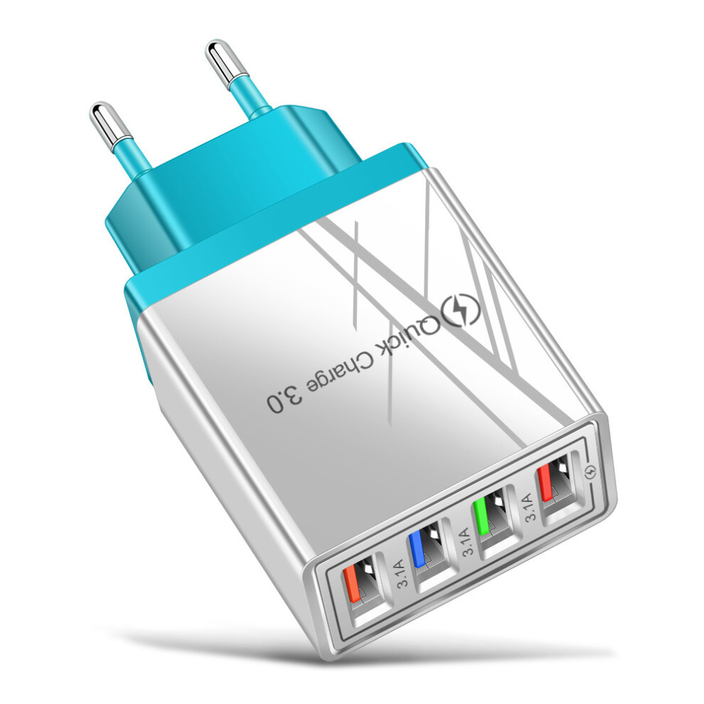 Photos - Card Reader / USB Hub  4 Fast Multiport Quick Charge Usb Hub Mains Uk Plug Adapter Wall Charger Phones(Cyan EU)