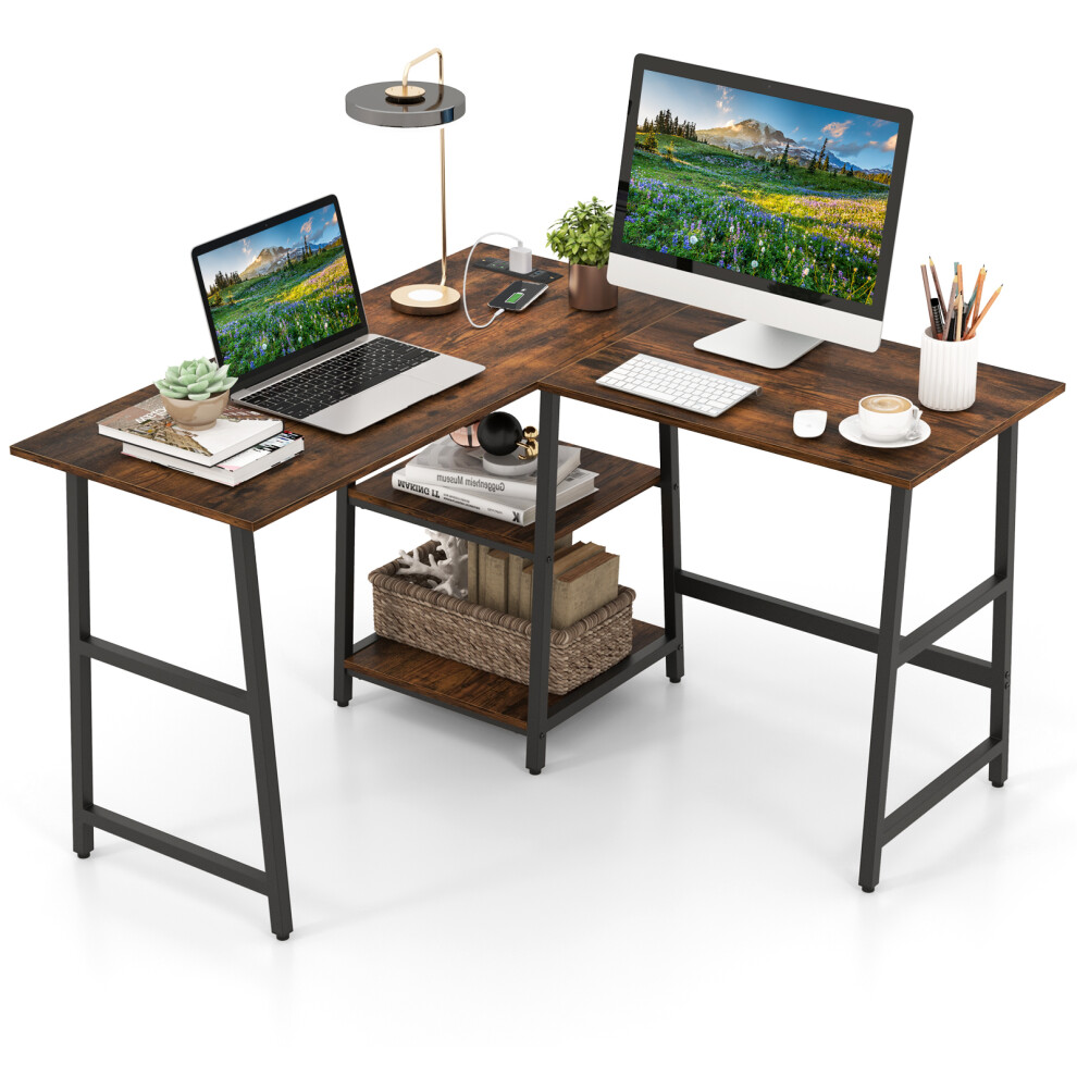 L-Shaped Corner Computer Desk w/2 Tier Storage Shelves Study Writing Workstation