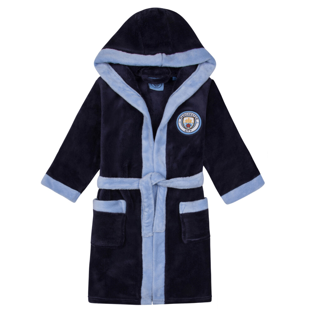 (Navy Blue, 7-8 Years) Manchester City FC Official Football Gift Boys Hooded Fleece Dressing Gown Robe