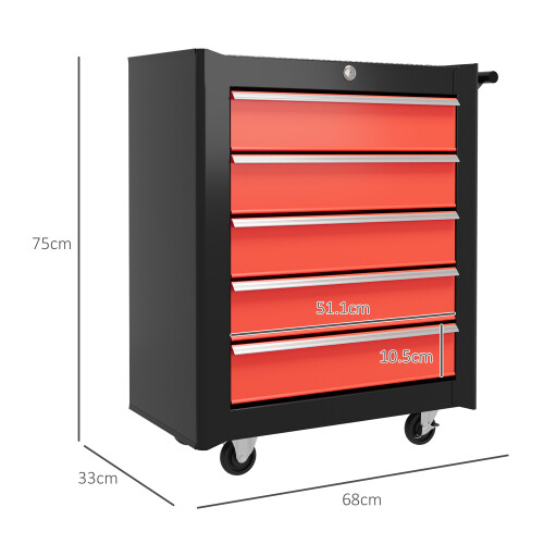 Homcom HOMCOM 5-Drawer Tool Chest Steel Lockable Tool Storage Cabinet w/ Wheels Red 1