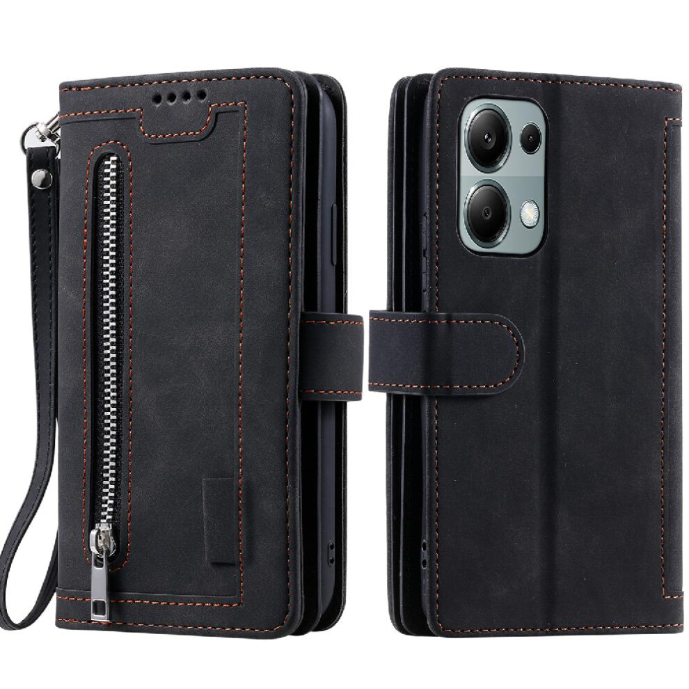 (Black) Flip Case For Xiaomi Redmi Note 13 4G Pu Leather Lanyard Kickstand Wallet 9 Card Slots Black 764762736927