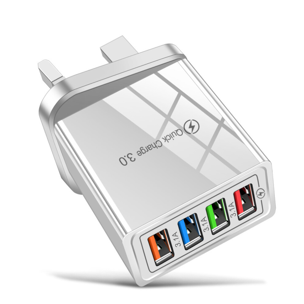(White UK) Multiport Fast 4 Quick Charge Usb Hub Mains Uk Plug Adapter Wall Charger Phones