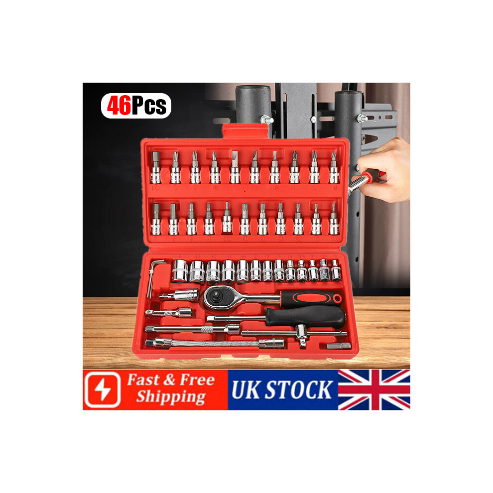 (Red) 46Pcs Socket Ratchet Wrench Set 1/4" Drive Tool Red