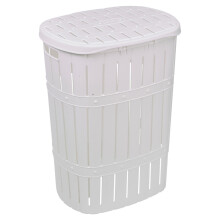 (White) 65L Plastic Bamboo Style Laundry Basket & Open Lid
