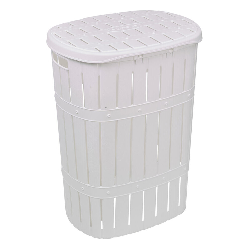 (White) 65L Plastic Bamboo Style Laundry Basket & Open Lid