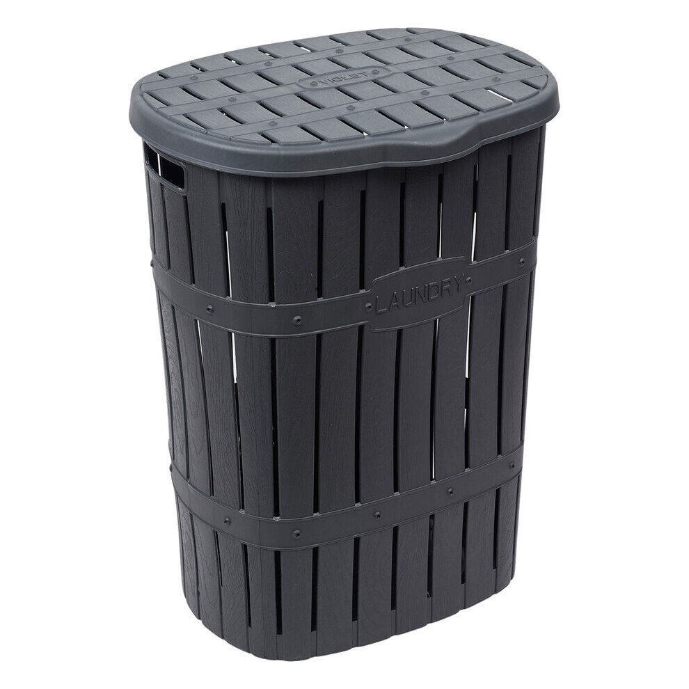 (Anthracite) 65L Plastic Bamboo Style Laundry Basket & Open Lid