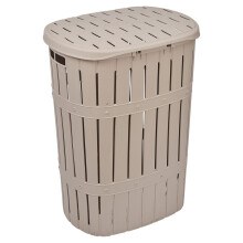 (Brown) 65L Plastic Bamboo Style Laundry Basket & Open Lid