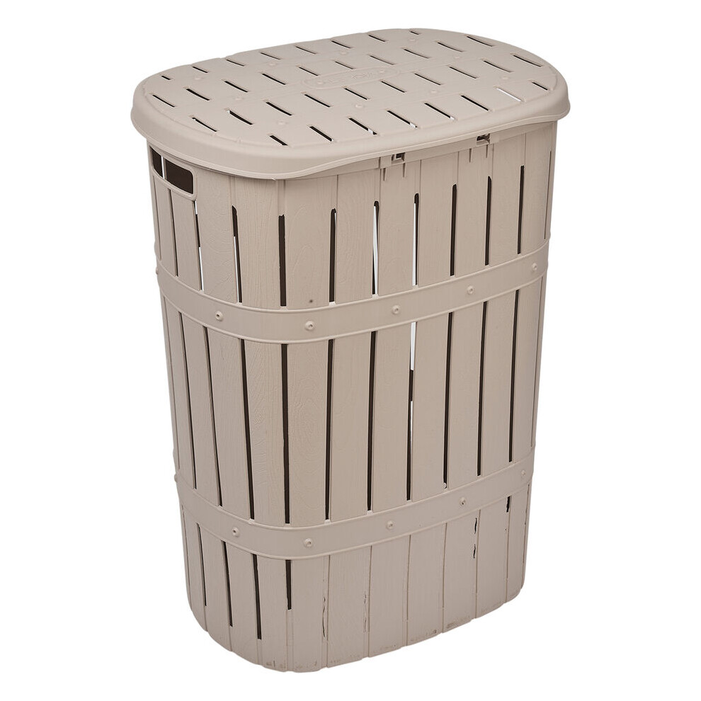 (Brown) 65L Plastic Bamboo Style Laundry Basket & Open Lid