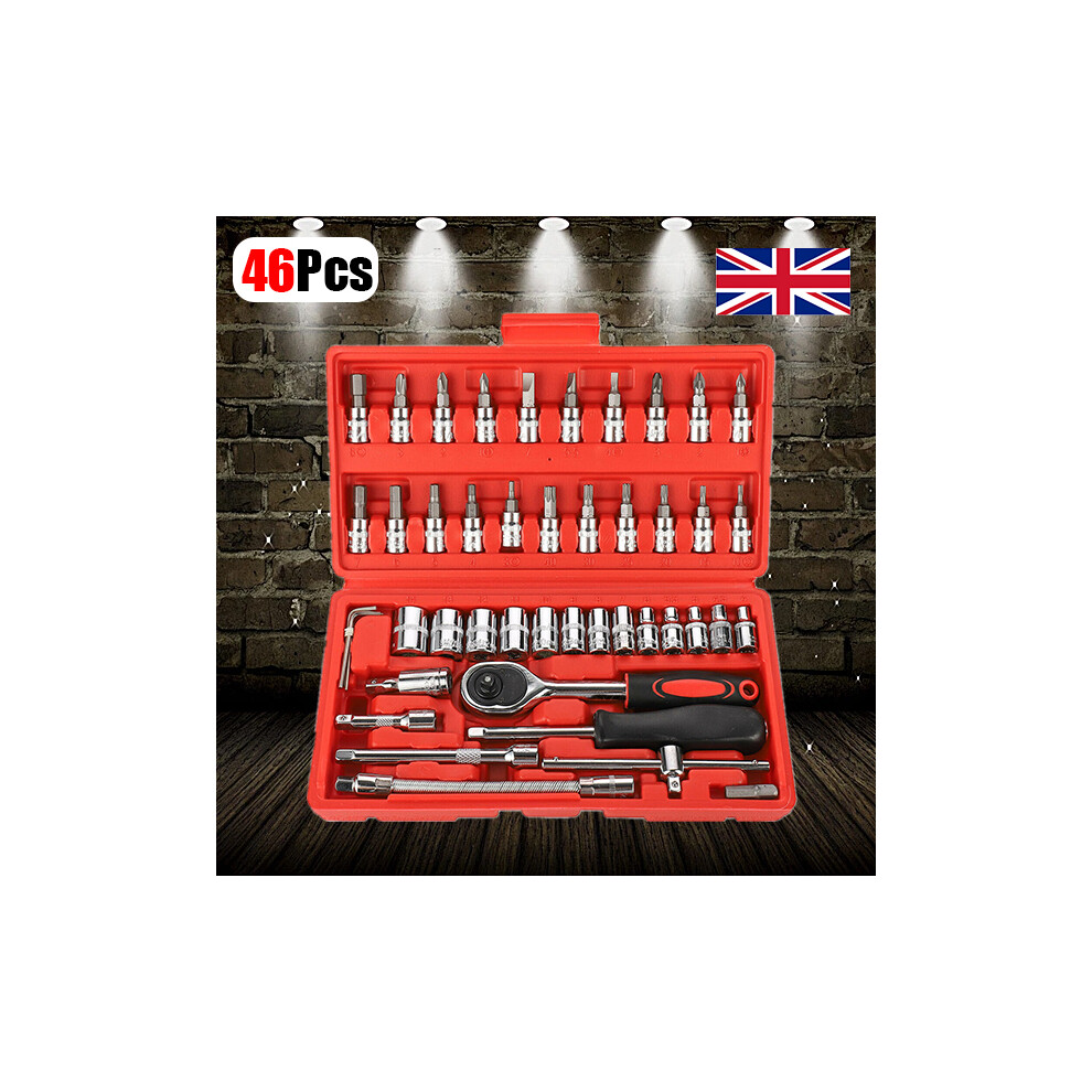 (Red) Socket Ratchet Wrench Set Tool Kit 46Pc 654744201690