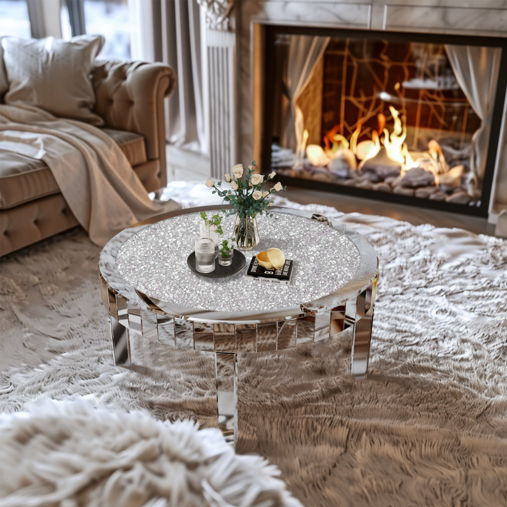 Luxurious Crystal Diamonds Surface Round Mirror Coffee Table