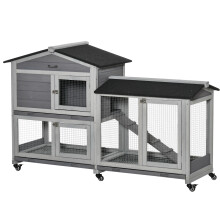 PawHut Rabbit Hutch, Bunny Cage Outdoor 2-Tier w/ Wheels & Tray, Grey