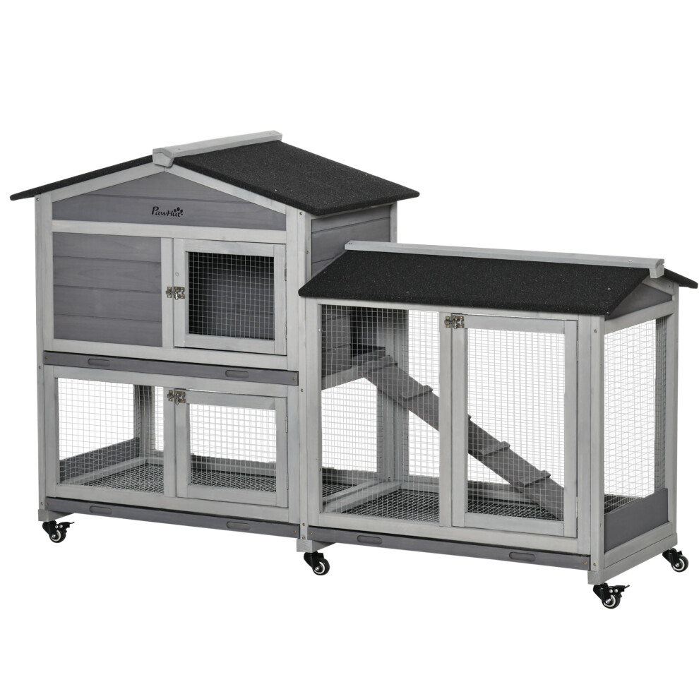 PawHut Wooden Rabbit Hutch Guinea Pig Cage w/ Wheels, Run, Ramp, Light Grey