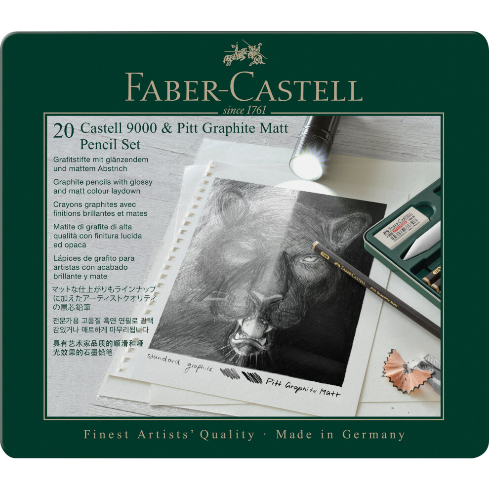 Faber-Castell Pitt Graphite Matt & Castell 9000, Matt Graphite, Tin Of 20