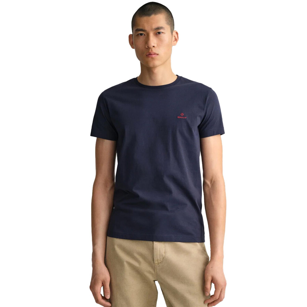 (Blue, 2XL) Gant Mens Contrast Logo Crew Neck T-Shirt