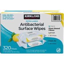 Kirkland Signature Antibacterial Surface Wipes - 320 Wipes (4x80), Lemon Scent, Kills 99.99% Bacteria & Viruses, Cuts Grease