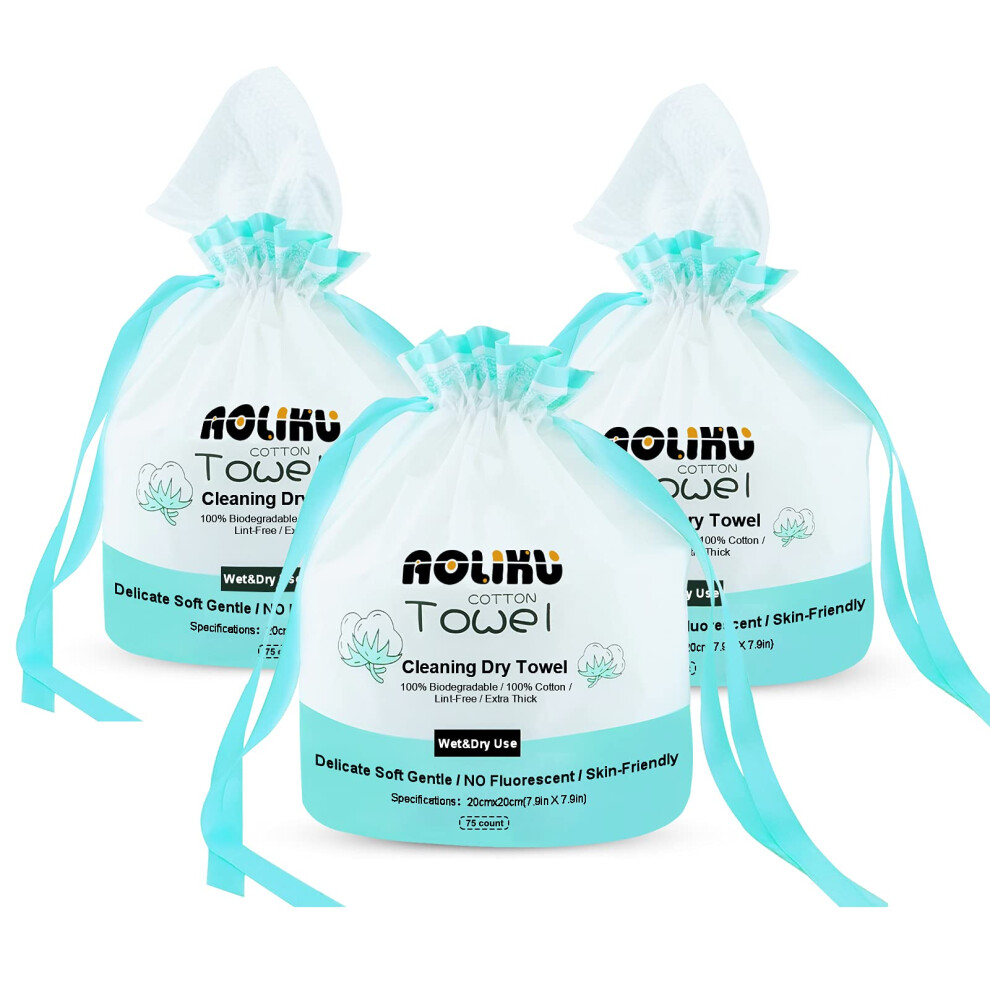 Aoliku Disposable Face Towel-75 Count,Biodegradable 100% Cotton Facial Tissue,Non-Woven Fabric Perfect For Sensitive Skin Makeup Facial Towel,Extra Thick &