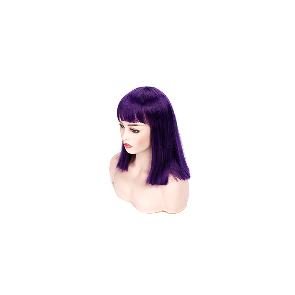 Morvally Unisex Purple Short Straight Bob Wig With Flat Bangs Natural Looking Heat Resistant Hair Cosplay Costume Wigs (14 Inches Dark )