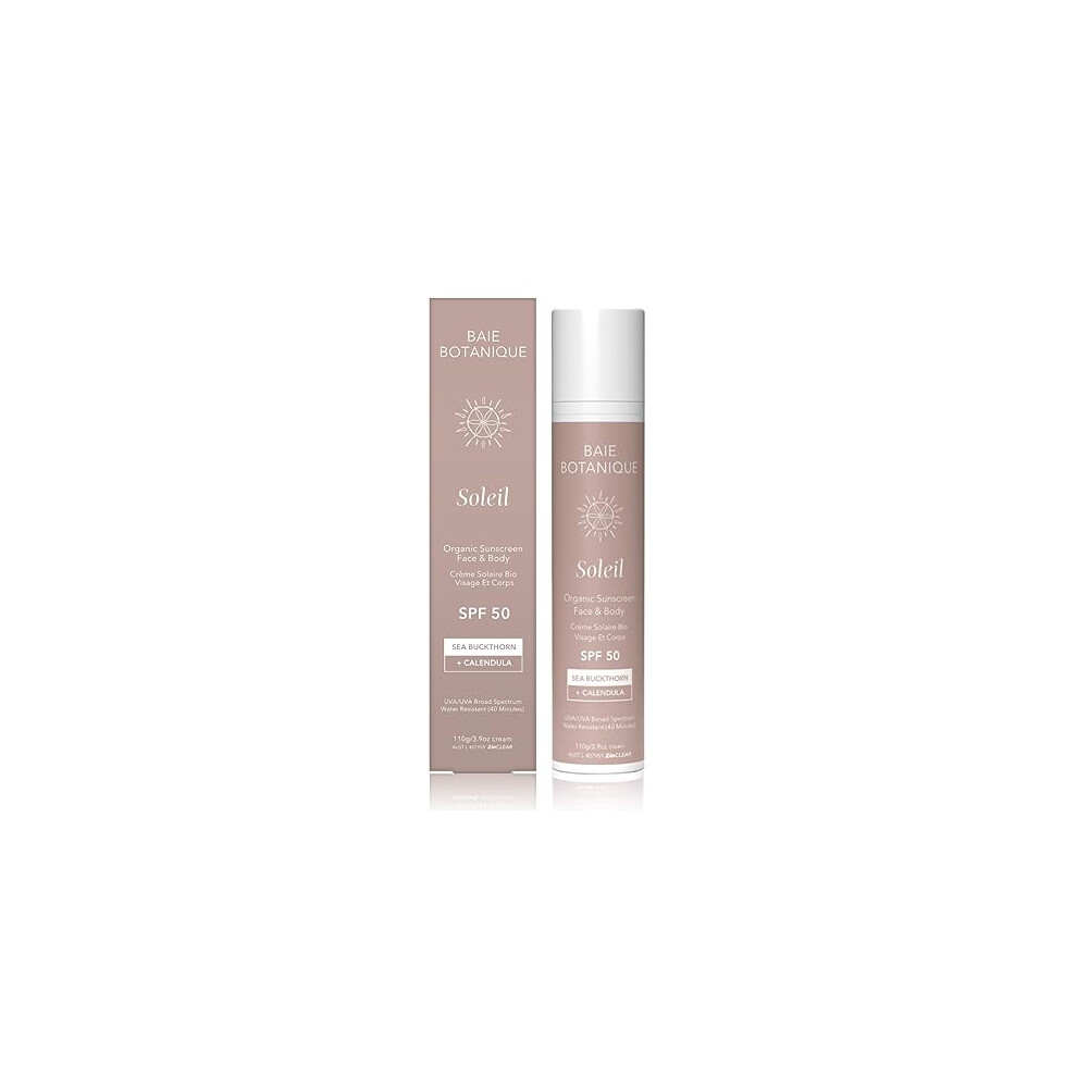 Baie Botanique White Soleil - Organic Mineral Non Toxic Sunscreen For Face And Body Spf 50 - Sea Buckthorn & Calendula - Natural - Vegan - No Cast - Chemical Filter