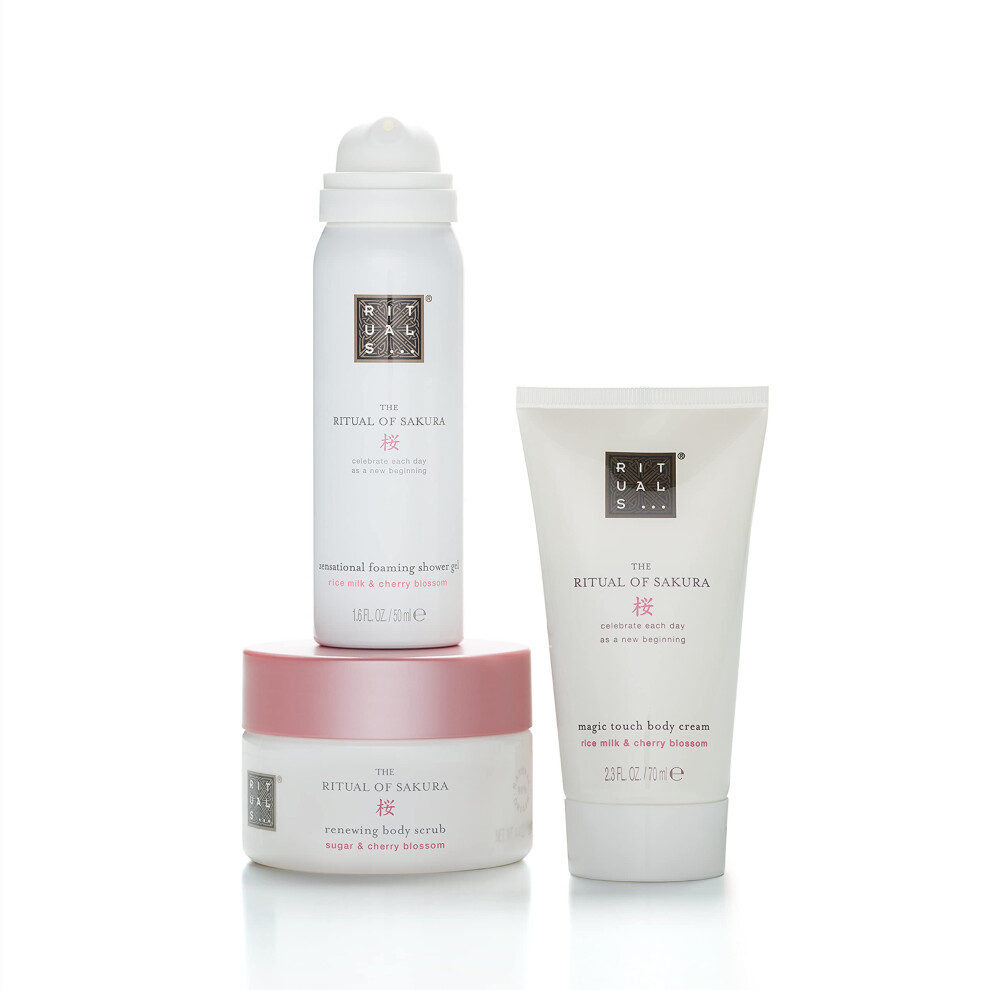 Gift Set For Women from The Ritual of Sakura - Foaming Shower Gel, Body Scrub & Body Cream - With Rice Milk & Cherry Blossom - Trial Set