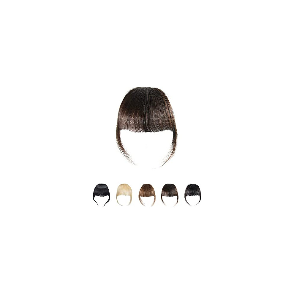 Dsoar Unisex Brown Fringe Hair Clip In Bangs Real Human Hair Bangs Hair Extensions Flat Bangs With Temples, Dark Color