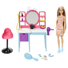 Doll and Hair Salon Playset, Long Color-Change Hair, Houndstooth-Print Dress, 15 Styling Accessories, HKV00