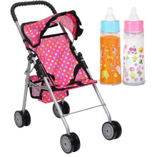 fash n kolor - Mijn eerste babypop-kinderwagen - Roze polkadot-poppenwagen met mand - zachte handgreep. Opvouwbaar met capuchon Speelgoedpop Kinderwa