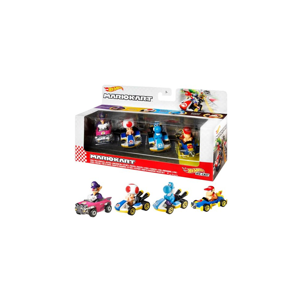 Mario Kart Vehicle 4-Pack, Set of 4 Fan-Favorite Characters Includes 1 Exclusive Model, Collectible Gift for Kids & Fans Ages 3 Years Old & Up