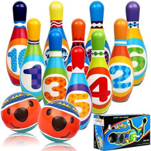 Kids Bowling Set Skittles Game 10 Pins and 2 Balls for Kids and Toddlers, Soft Bowling Set 10 Multi-Coloured Indoor Outdoor Educational Toys for