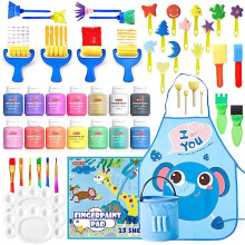 Tvttbar fingerfrguppsttning Shuttle Art 46 Pack Kids Paint Set med 14 frger (60 ml) Fingerfrger Borstar Finger Paint Pad Sponge Palette Smoc