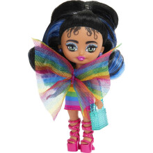 Barbie Extra Mini Minis mit blau gestreiftem schwarzen Pferdeschwanz in Regenbogenkleid & Zubehör, 3,25 Zoll