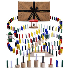 Wooden Domino Train Rally | 100% Wooden Dominoes for Children | Dominoes Rally Set Including Bridges, Bell tower and Windmill | Domino Run |
