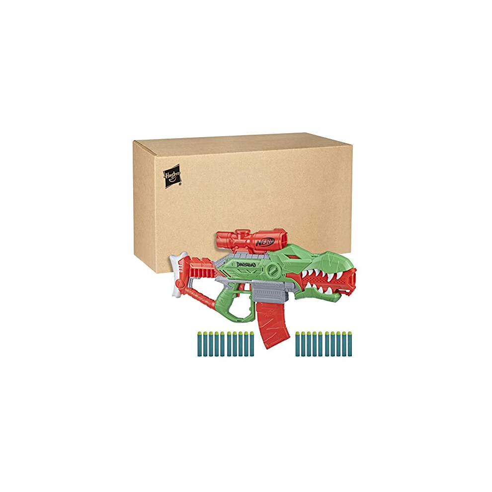 DinoSquad Rex-Rampage Motorised Dart Blaster, 10-Dart Clip, 20 Nerf Darts, 10-Dart Storage - T-Rex Dinosaur Design, Multicolor