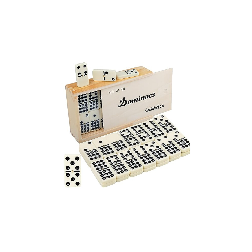 Doublefan Dominoes Set For Adults, Classical Board Games Double 9 Dominos Game Set With Spinner 55 Tiles With Wood Case (2-7 Players) (55 Pcs) Brown
