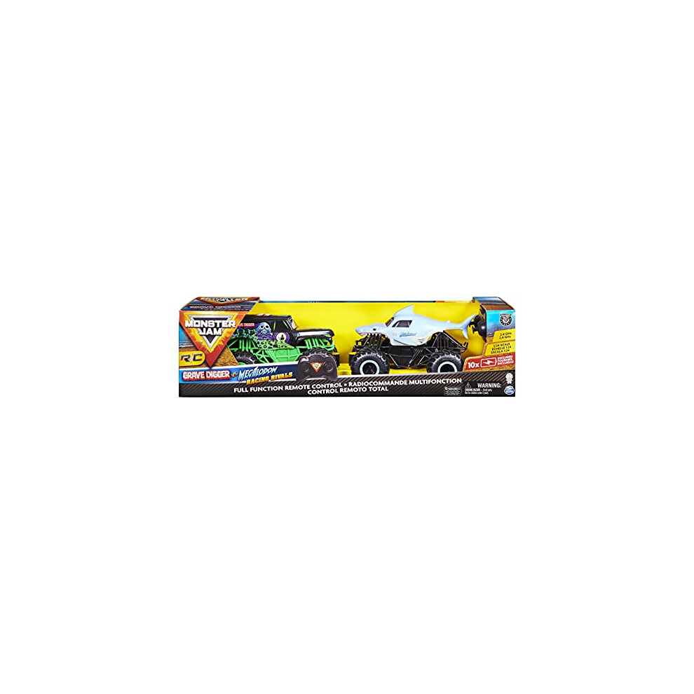 Monster Jam, Amazon Exclusive Official Grave Digger Vs. Megalodon Racing Rivals Remote Control Trucks, 1:24 Scale (Only Available On Amazon)