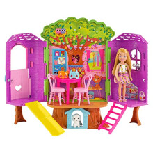 Chelsea Barbie Doll and Treehouse Playset with Pet Puppy, Dollhouse Includes Furniture and Slide, 10+ Accessories, HPL70