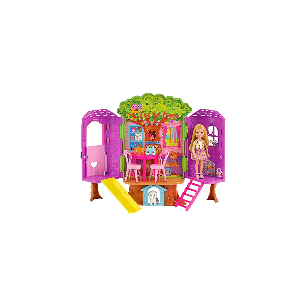 Chelsea Barbie Doll and Treehouse Playset with Pet Puppy, Dollhouse Includes Furniture and Slide, 10+ Accessories, HPL70