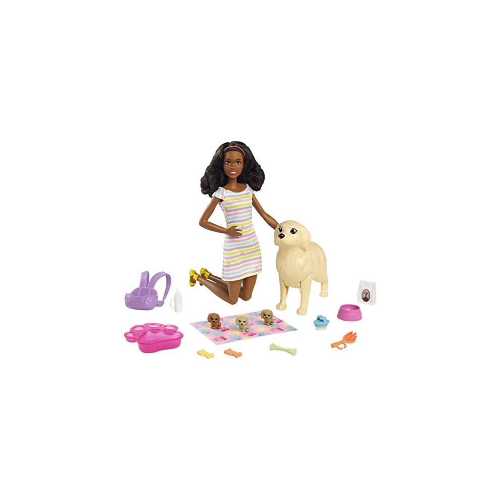Barbie Doll And Accessories Playset With Brunette Doll, Mommy Dog, 3 Puppies And 11 Pieces, Newborn Pups Set, Hck76