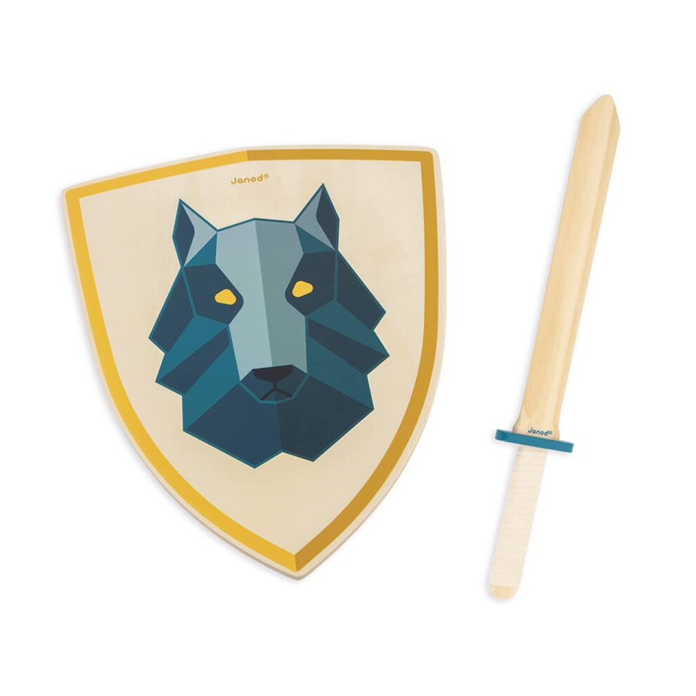Janod Wolf Knight Wooden Sword And Shield Set, Fsc-Certified, Outdoor Pretend Play For Ages 3+, J03170