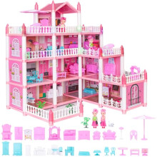 Kid Doll House Pink Grand 3/4 Story 9/11 Rooms Castle Dolls House Playset with Furniture Accessories Mansion Playhouse Toy Xmas (4 Story)