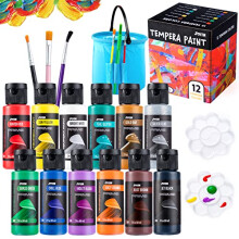 JOYIN 12PCS Tvättbar Temperafärgset för Barn (60 ml Varje), Flytande Affischfärg med 6 Penslar, 2 Paletter & 1 Rengöringshink