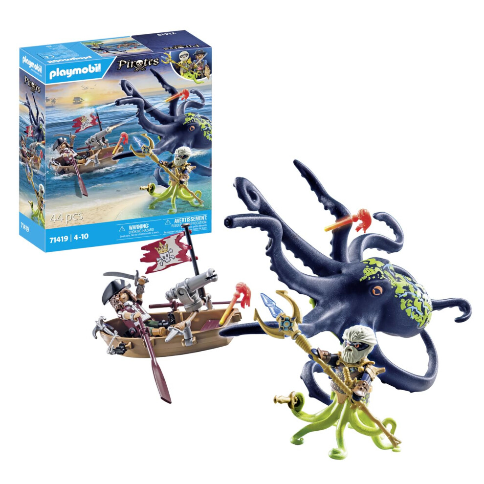 Playmobil 71419 Pirates: Battle With The Giant Octopus, Pirates Vs. Deepers, Octopus With Water-Spraying Function And Firing Cannon, Fun Imaginative Role-Play,