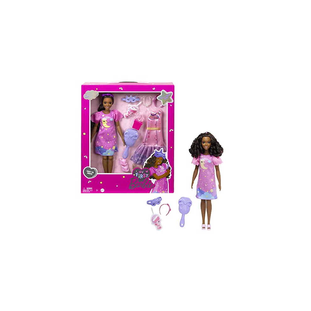 Doll for Preschoolers, My First Barbie âBrooklynâ Deluxe Doll, 13.5 Inch doll, Black Hair, Accessories, Poseable Body, Party & Bedtime Themed