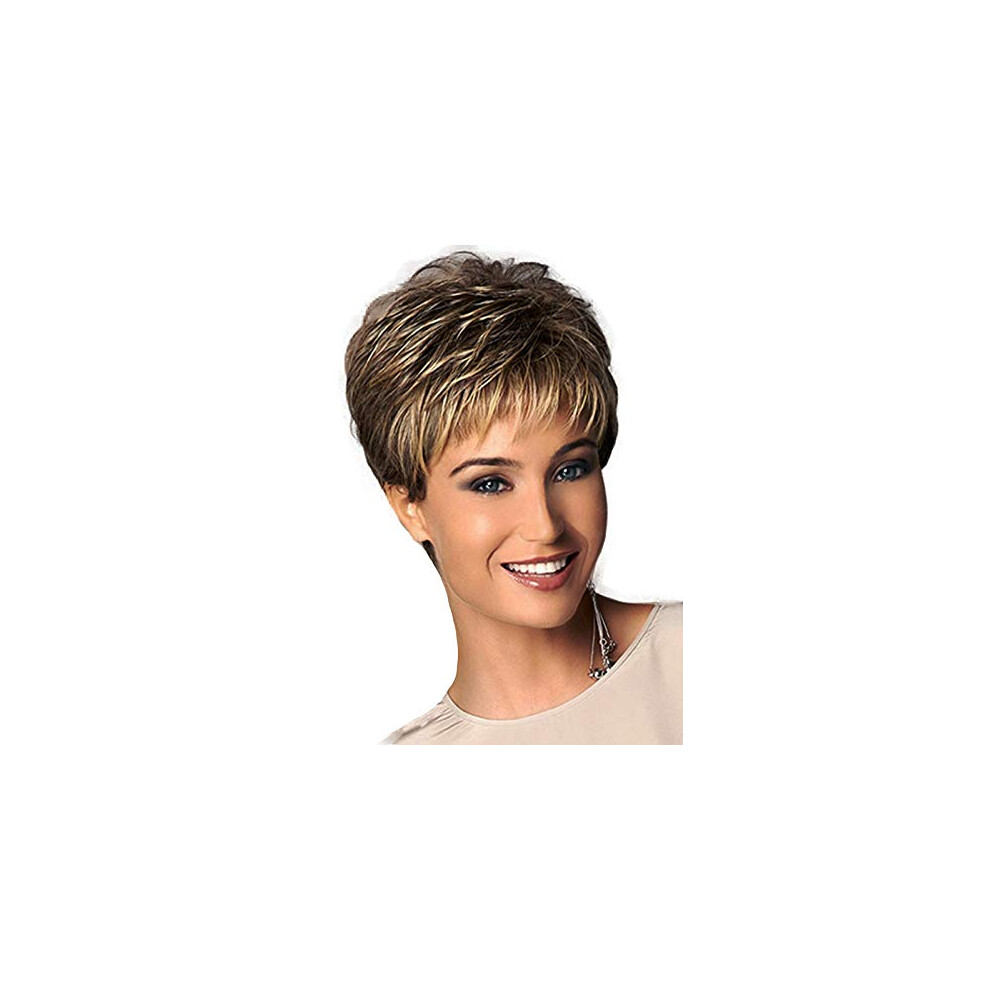 Royalfirst Unisex Short Slight Wavy Synthetic Hair Wig Short Layered Pixie Cut Wigs For Women Lady With Bangs