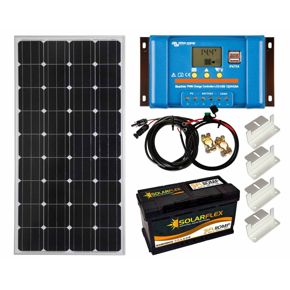 Lowenergie 150w Mono Solar Panel Kit Battery+ Charging Controller PWM-USB ZMount with Mounting Brackets, Cables, TBranches and 100Ah SolarFlex Battery