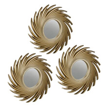 Set of 3 Mirrors, Round Suns, Lounge & Hallway, Decorative, Ø 25 cm, Wall Mounted, Plastic Frame, Gold, Glass