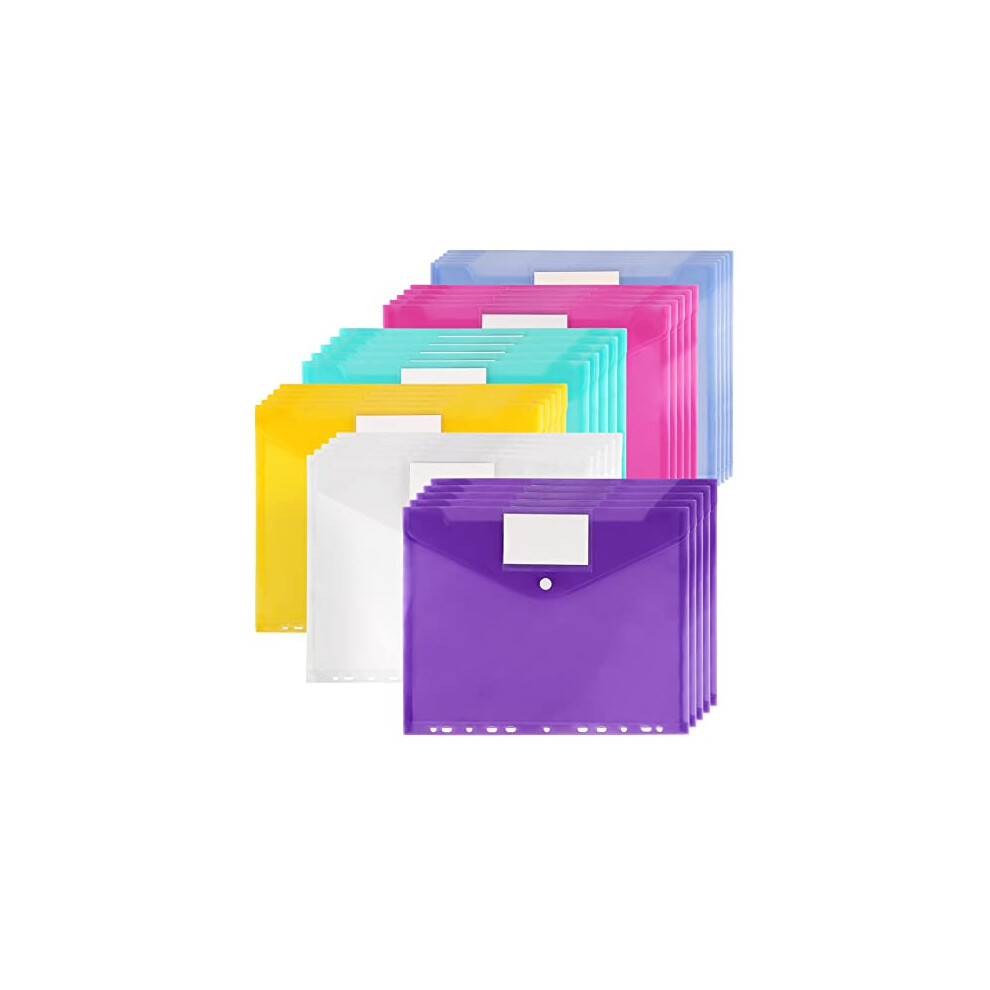 30 Pack A4 Plastic Punched Wallets, 6 Colours Punched Folders with Label Pocket & Button Closure, Document Folder Popper Wallets, 11 Hole Binder Files