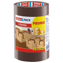 tesa Pack Strong - Low-Noise Parcel Tape for Packaging Parcels and Mailing Boxes - Brown - 3 Rolls of 66 m - 50 mm