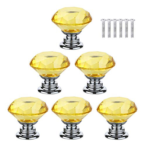 6pcs 30mm Yellow Crystals Glass Drawer Knobs Cupboard Knobs Door Knobs Cabinet Handle Drawer Pull Handle with Screw